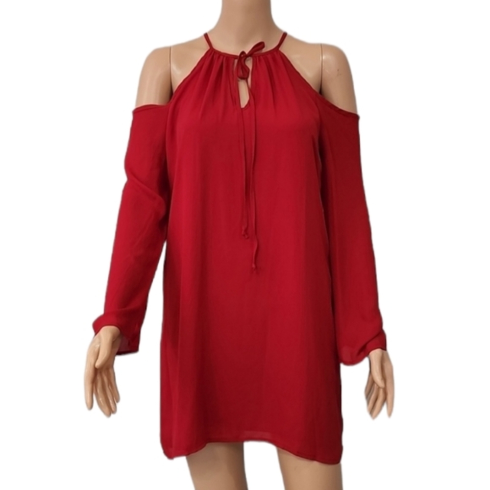 MARY & MABEL Lady Cold Shoulder Swing Dress Red Lined Party Casual Size XS